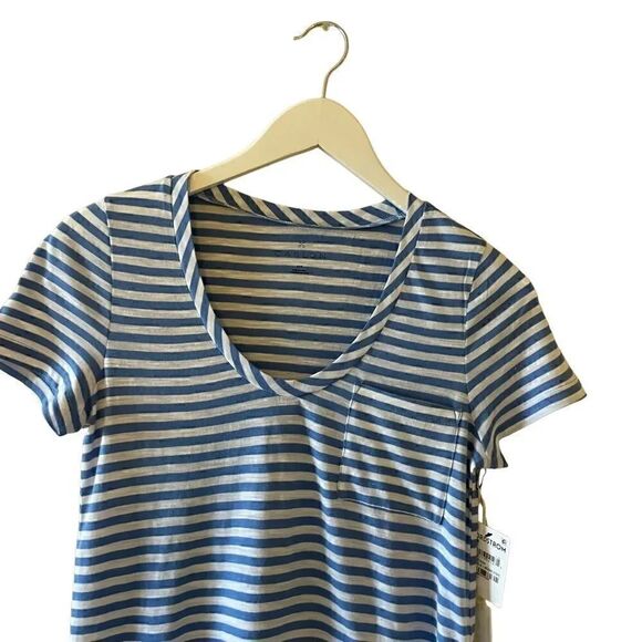 Caslon, Short Sleeve Corton Rounded V-Neck Tee, White-Blue Stripe Size XXS - Picture 4 of 14